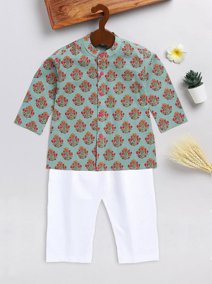 Vastramay sishu boys green floral printed cotton kurta pyjama set