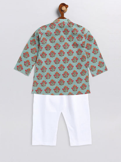 Vastramay sishu boys green floral printed cotton kurta pyjama set