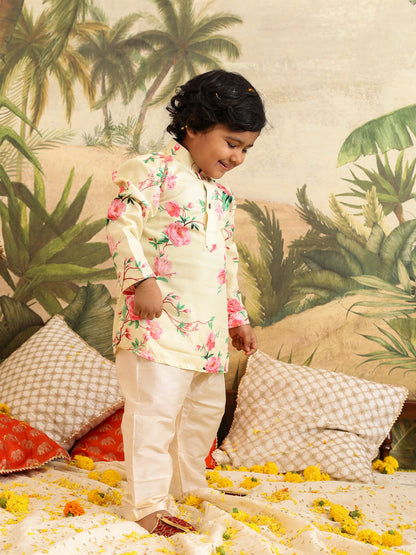 VASTRAMAY SISHU Boys' Yellow Floral Printed Cotton Kurta Pyjama Set