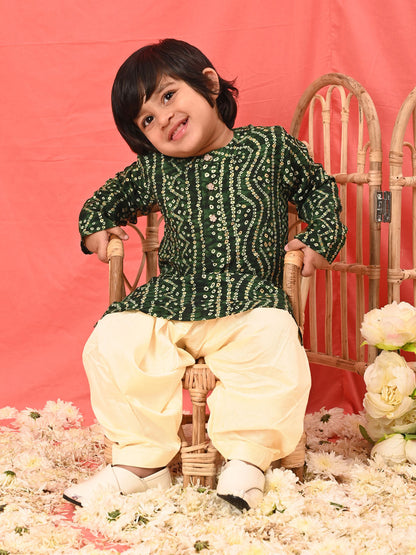 VASTRAMAY SISHU Boys' Green Bandhni Kurta And Patiala Set