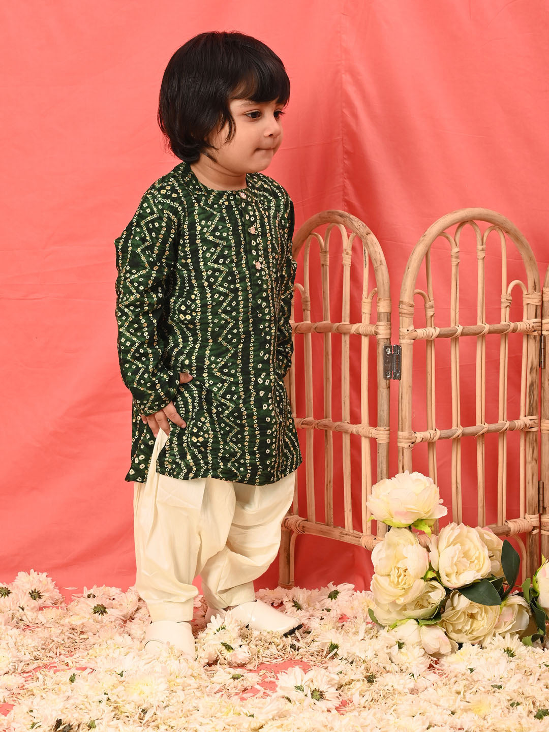 VASTRAMAY SISHU Boys' Green Bandhni Kurta And Patiala Set