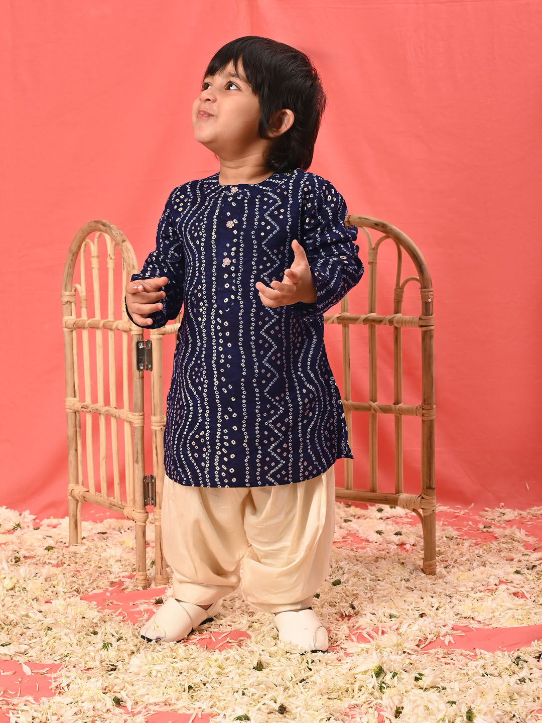 VASTRAMAY SISHU Boys' Navy Blue Bandhni Kurta And Patiala Set