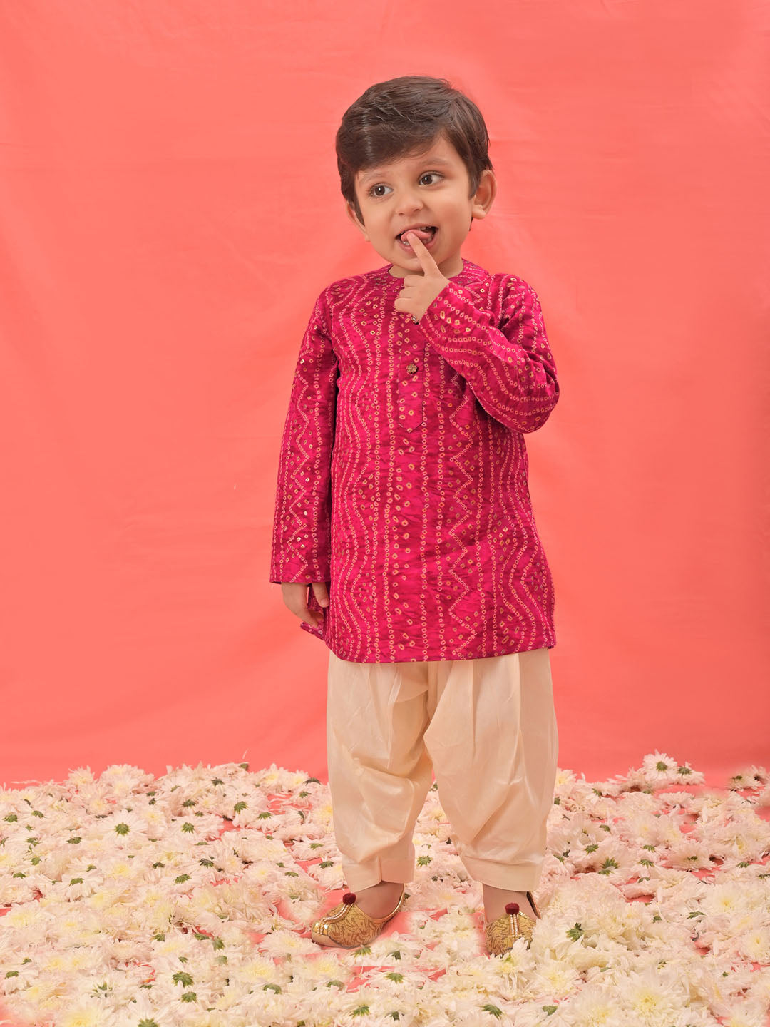 VASTRAMAY SISHU Boys' Pink Bandhni Kurta And Patiala Set