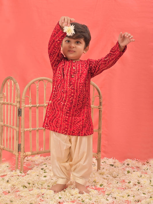 VASTRAMAY SISHU Boys' Red Bandhni Kurta And Patiala Set