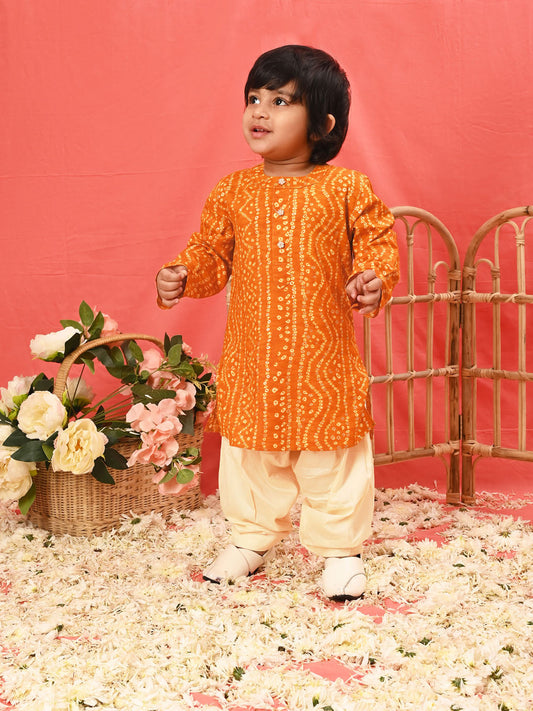 VASTRAMAY SISHU Boys' Yellow Bandhni Kurta And Patiala Set