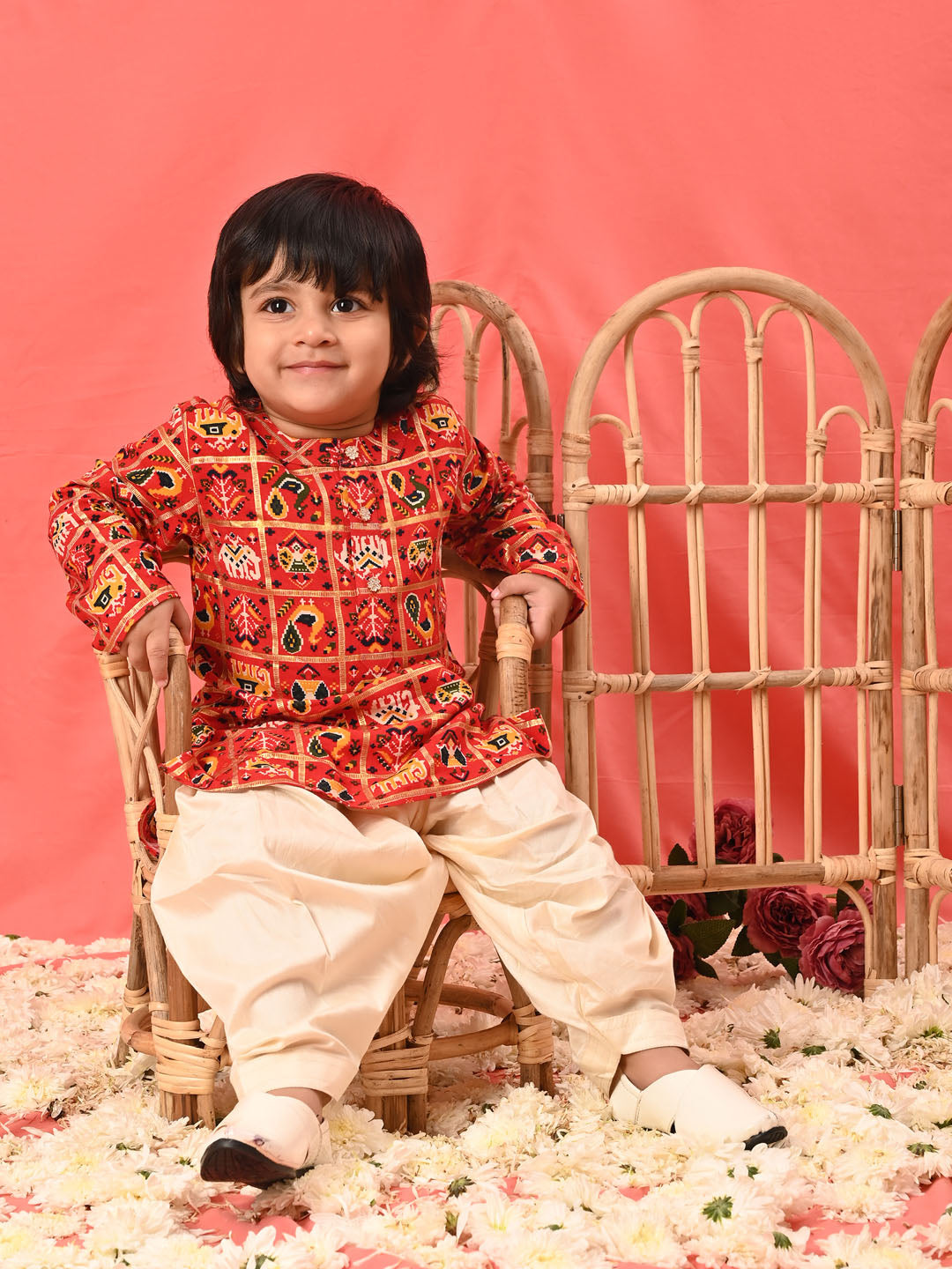 VASTRAMAY SISHU Boys' Red Patola Print Festive Kurta Pyjama Set