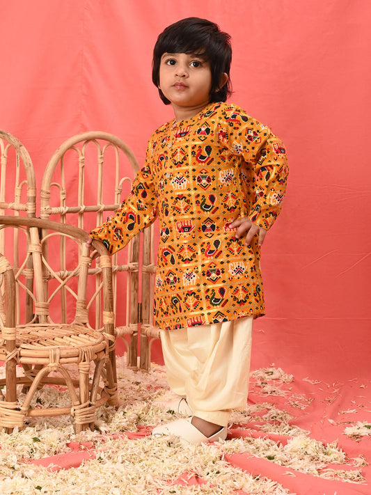 VASTRAMAY SISHU Boys' Yellow  Patola Print Festive Kurta Pyjama Set