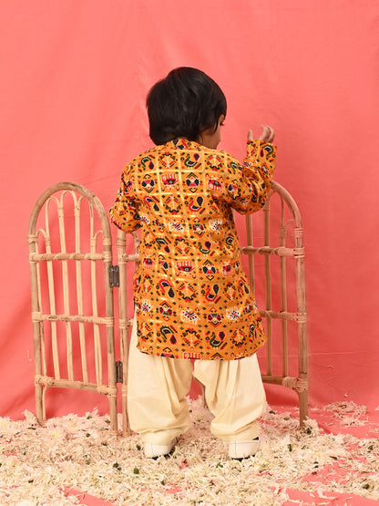 VASTRAMAY SISHU Boys' Yellow  Patola Print Festive Kurta Pyjama Set