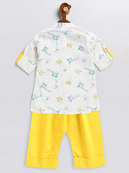 Vastramay sishu boys white and yellow animals printed cotton kurta pyjama set