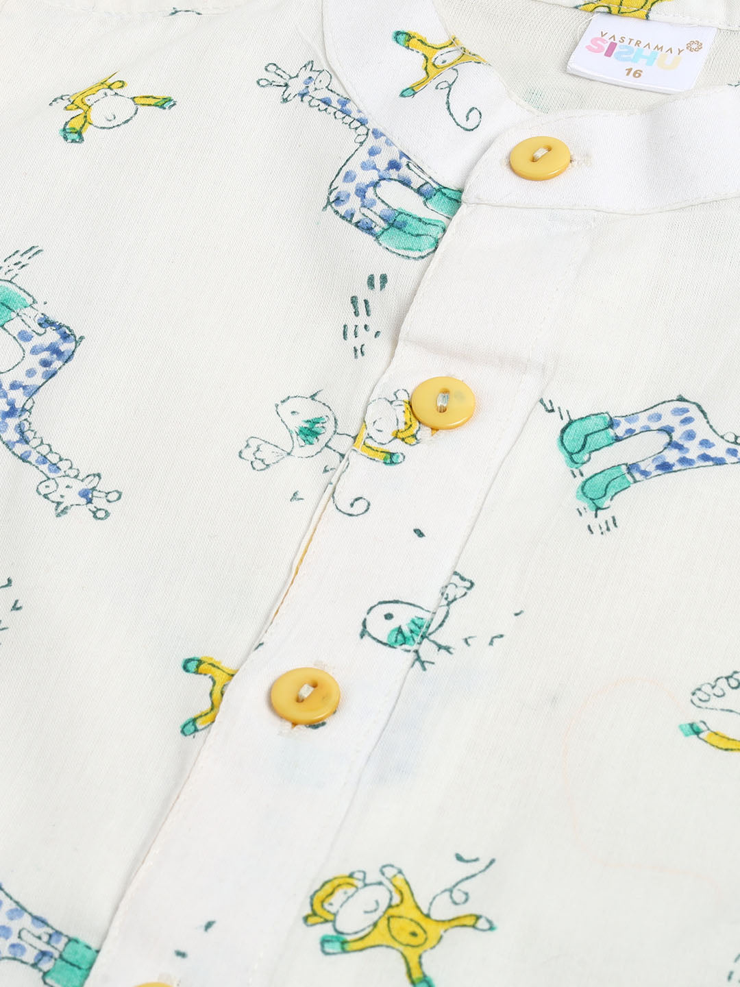 Vastramay sishu boys white and yellow animals printed cotton kurta pyjama set