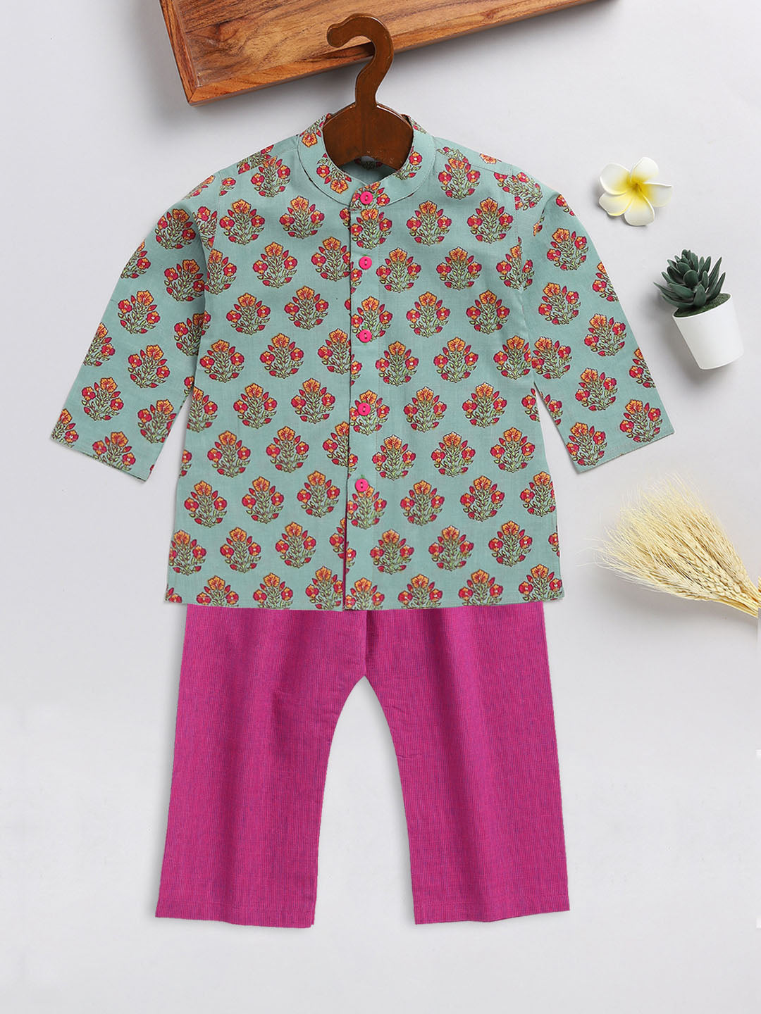 Vastramay sishu boys green and magenta floral printed cotton kurta pyjama set