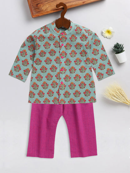 Vastramay sishu boys green and magenta floral printed cotton kurta pyjama set