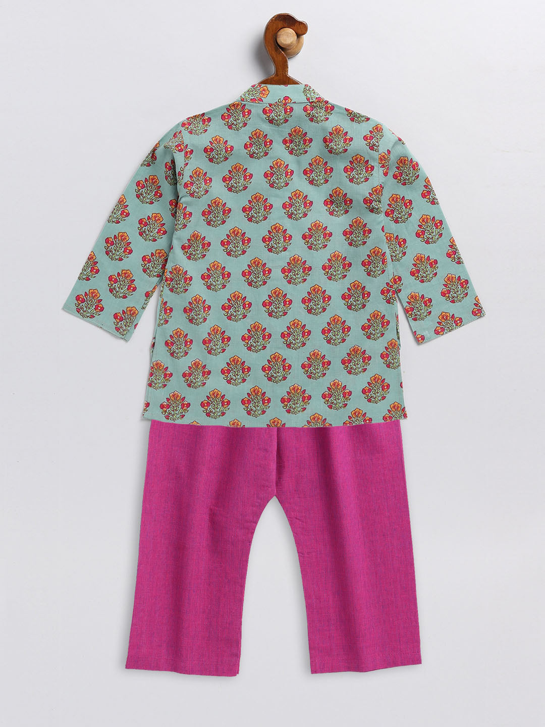 Vastramay sishu boys green and magenta floral printed cotton kurta pyjama set