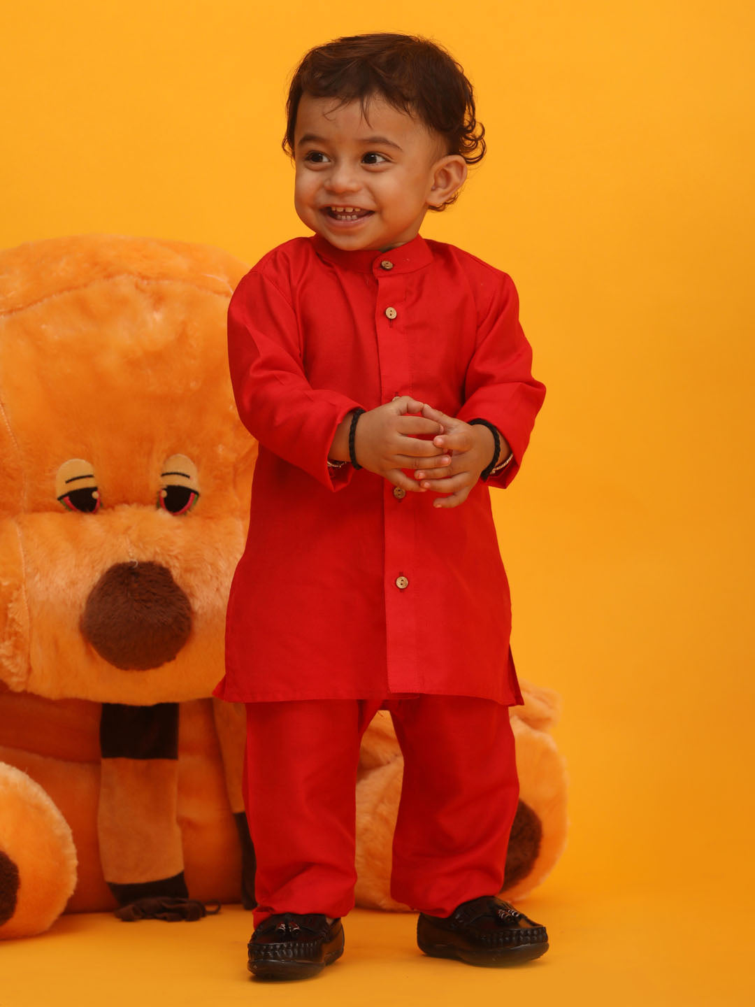 Vastramay sishu boys red silk blend kurta pyjama set