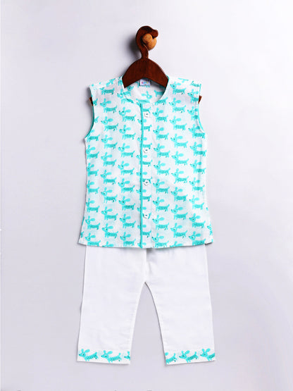 Vastramay Infant Boy's Aqua Cotton Kurta Pyjama Set