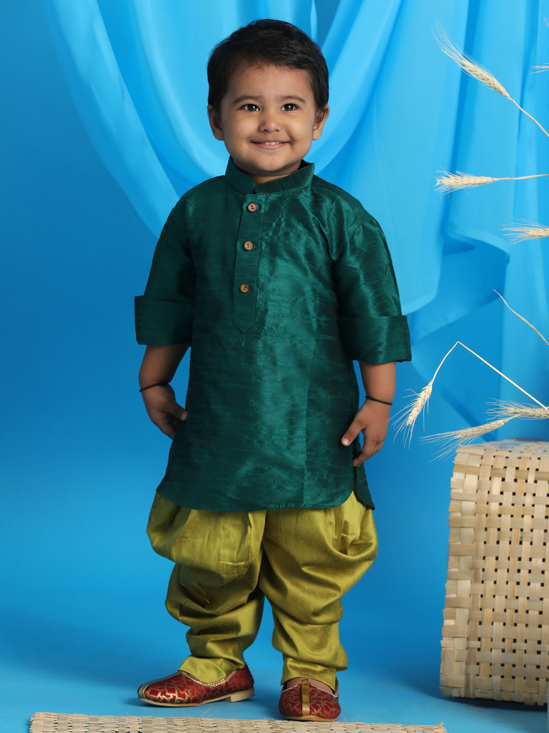 Vastramay sishu boys green kurta and green cowl dhoti set