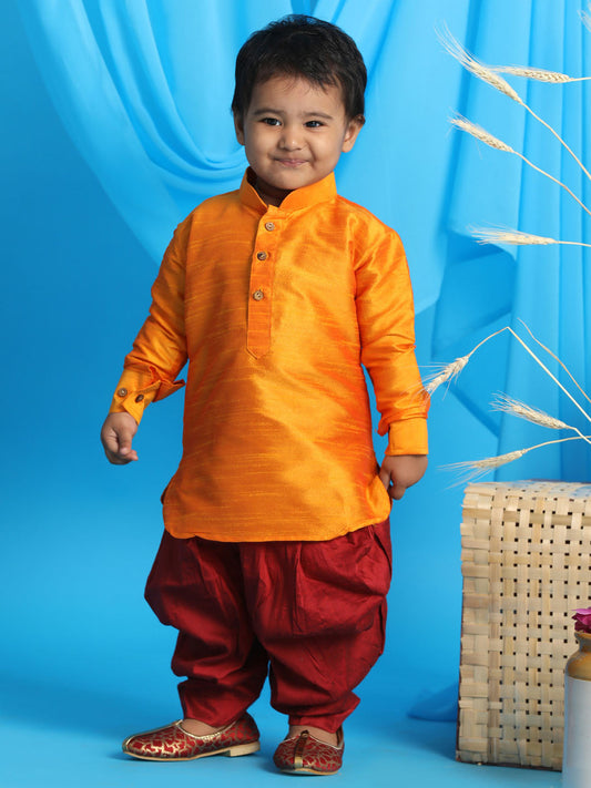 Vastramay sishu boys orange kurta and maroon dhoti set