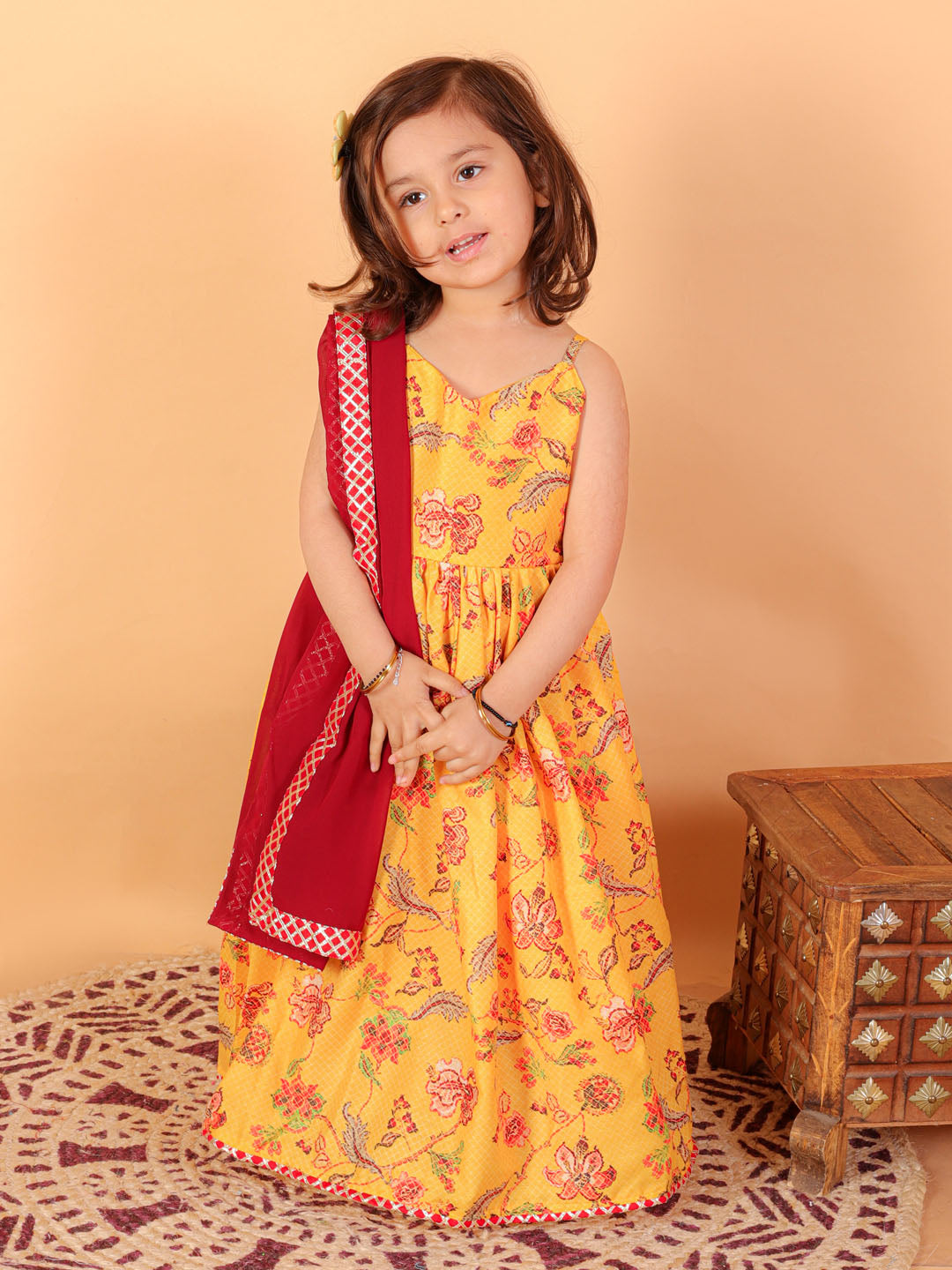 vastramay sishu girls yellow floral print anarkali kurta with dupatta