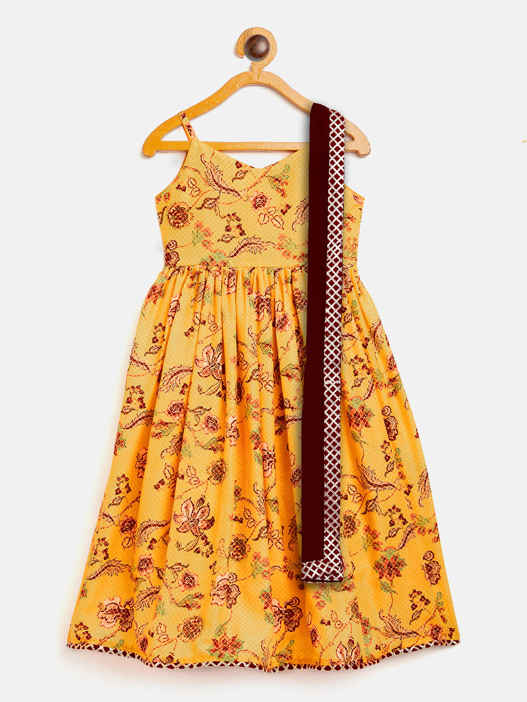 vastramay sishu girls yellow floral print anarkali kurta with dupatta