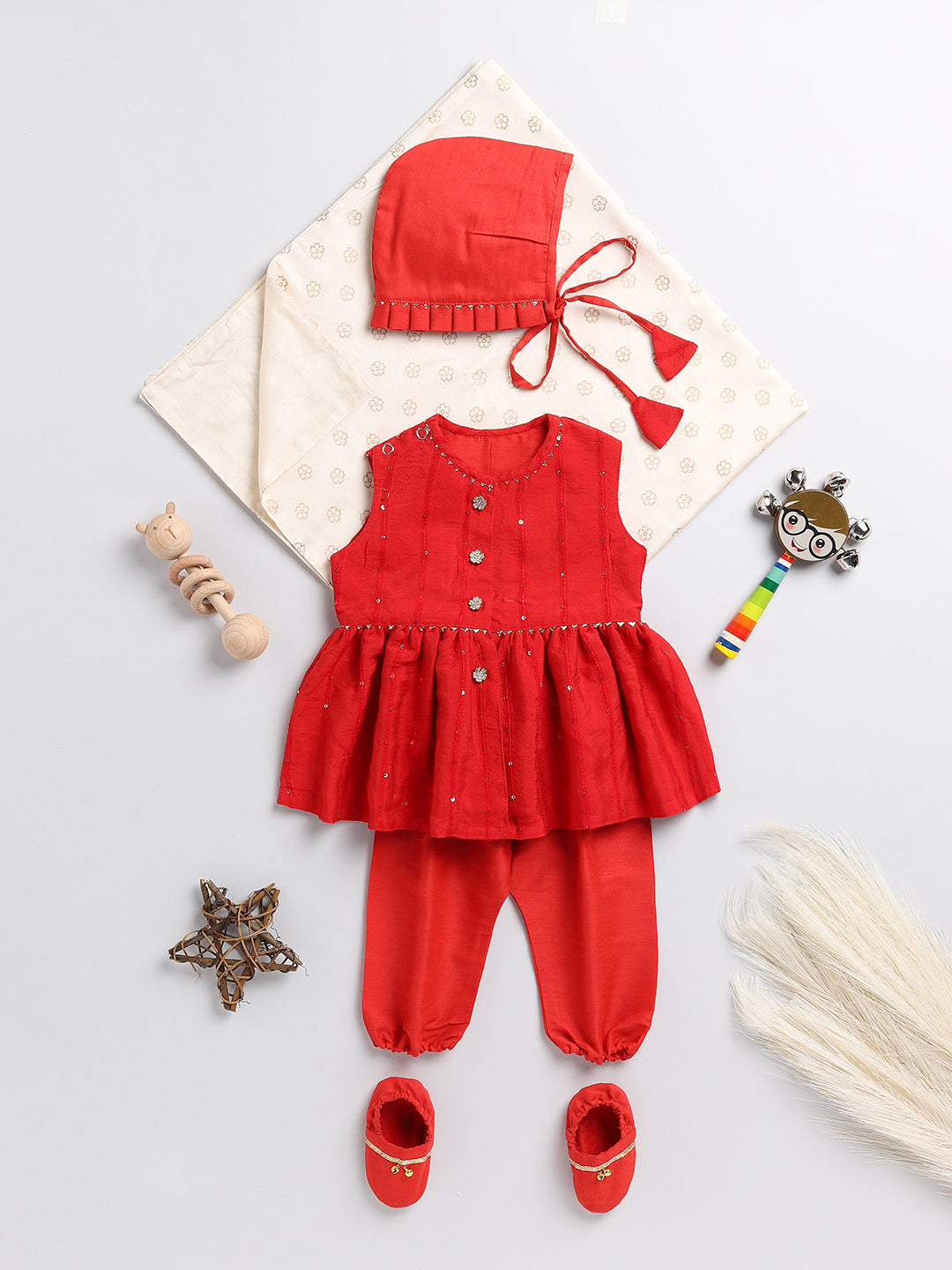 VASTRAMAY SISHU Girls' Red Chanderi Ethnic Combo Set