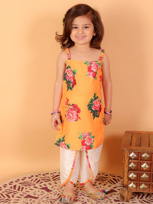 VASTRAMAY SISHU Girls Multicolor-Base-Yellow Cotton Blend Kurta and Dhoti Set