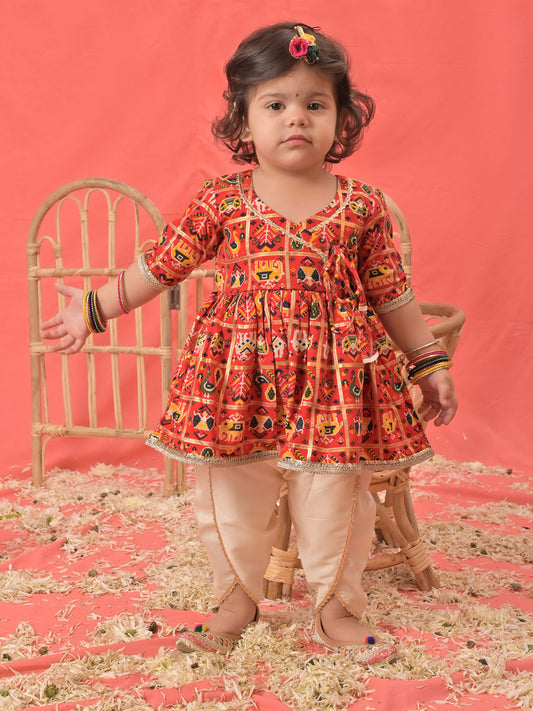 VASTRAMAY SISHU Girls Red Angrakha Style Patola Print Kurta Dhoti Set