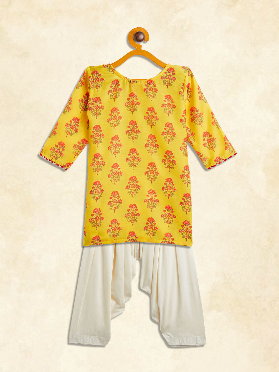 girls orange base printed cotton blend kurta patiyala set