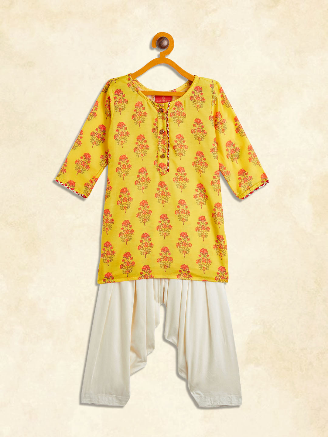 girls orange base printed cotton blend kurta patiyala set