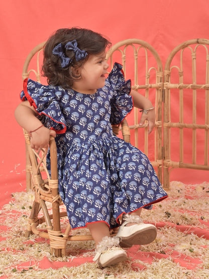 VASTRAMAY SISHU Girl's Blue Cotton Printed Dress