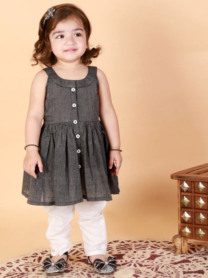 Vastramay girls black striped handloom kurta with cream pyjama set