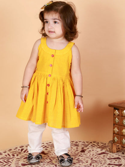 Vastramay girls mustard striped handloom kurta with cream pyjama set