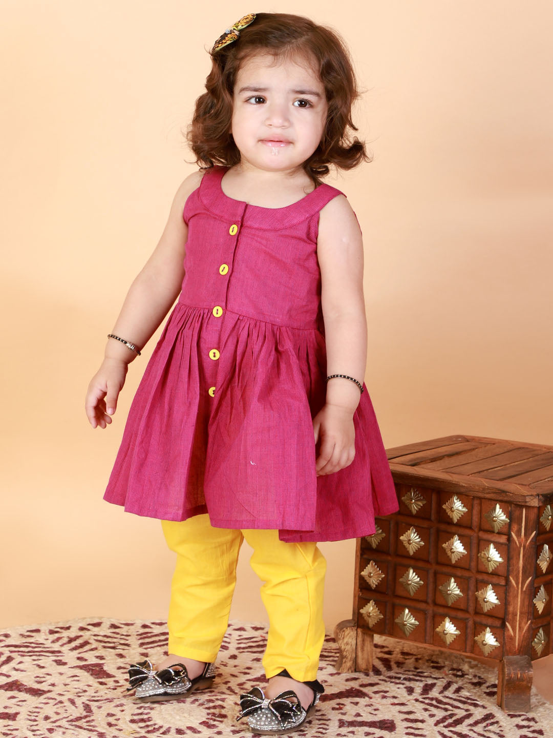 Vastramay girls purple striped handloom kurta with yellow pyjama set