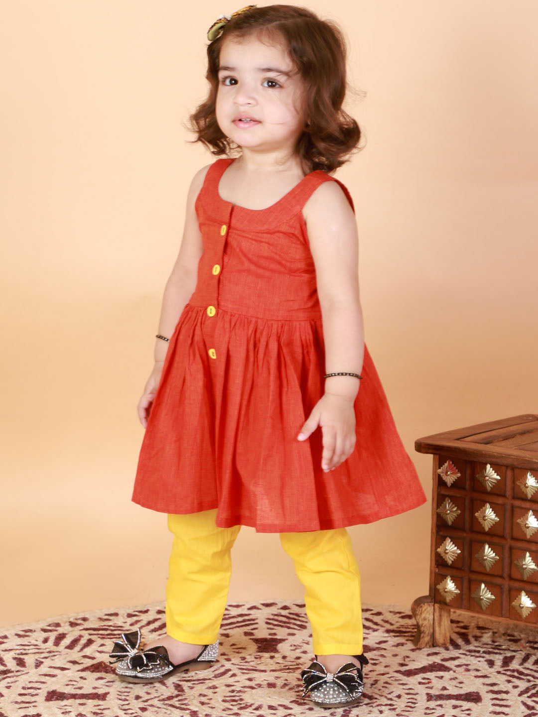 Vastramay girls red striped handloom kurta with yellow pyjama set