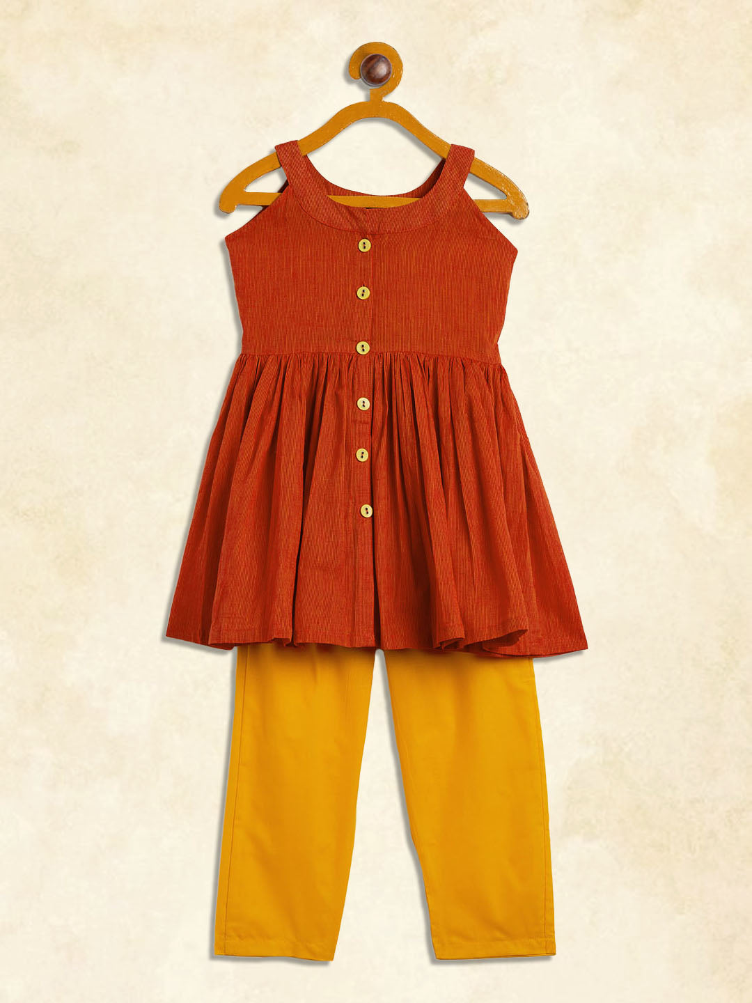 Vastramay girls red striped handloom kurta with yellow pyjama set