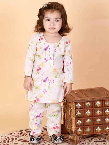 girls multicolor base cream cotton blend kurta pyjama set