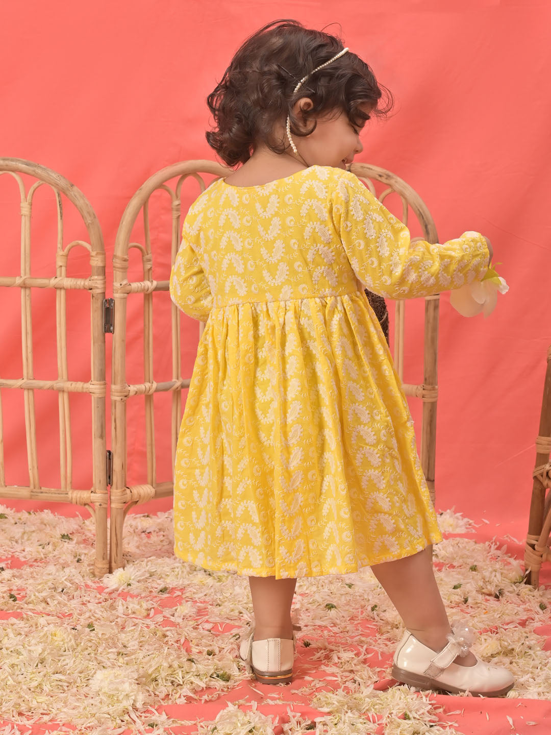 VASTRAMAY SISHU Girl's Mustard Chikankari Cotton Kurta