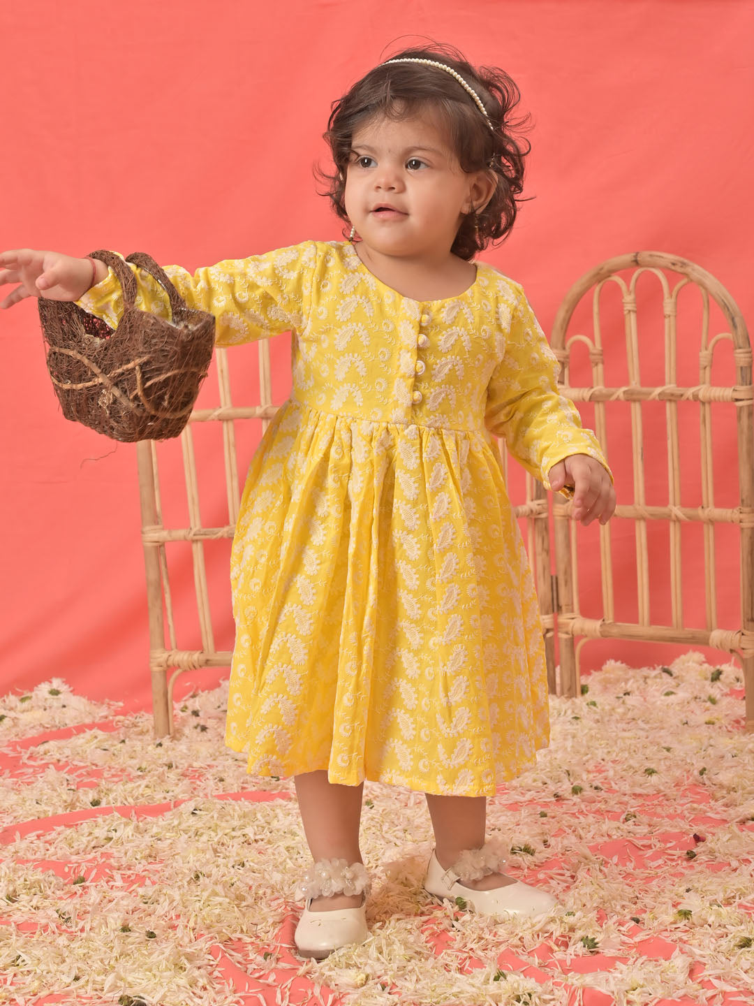 VASTRAMAY SISHU Girl's Mustard Chikankari Cotton Kurta