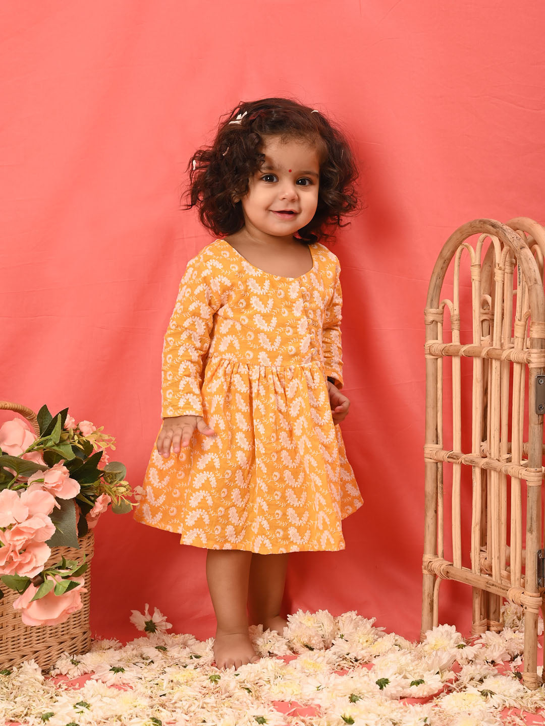 VASTRAMAY SISHU Girl's Orange Chikankari Cotton Kurta