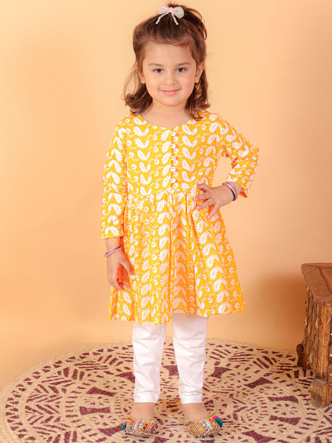 vastramay sishu girls orange chikankari kurta pyjama set