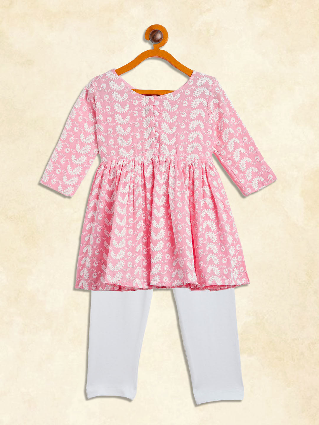 Vastramay girls pink and white chikankari kurta pyjama set