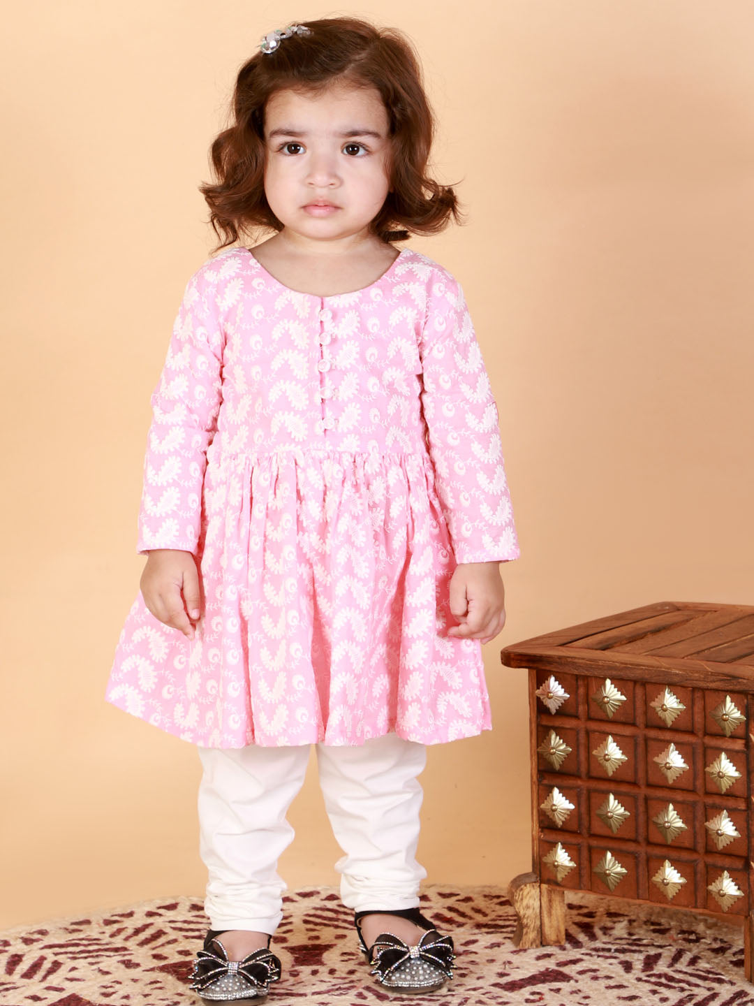 Vastramay girls pink and white chikankari kurta pyjama set