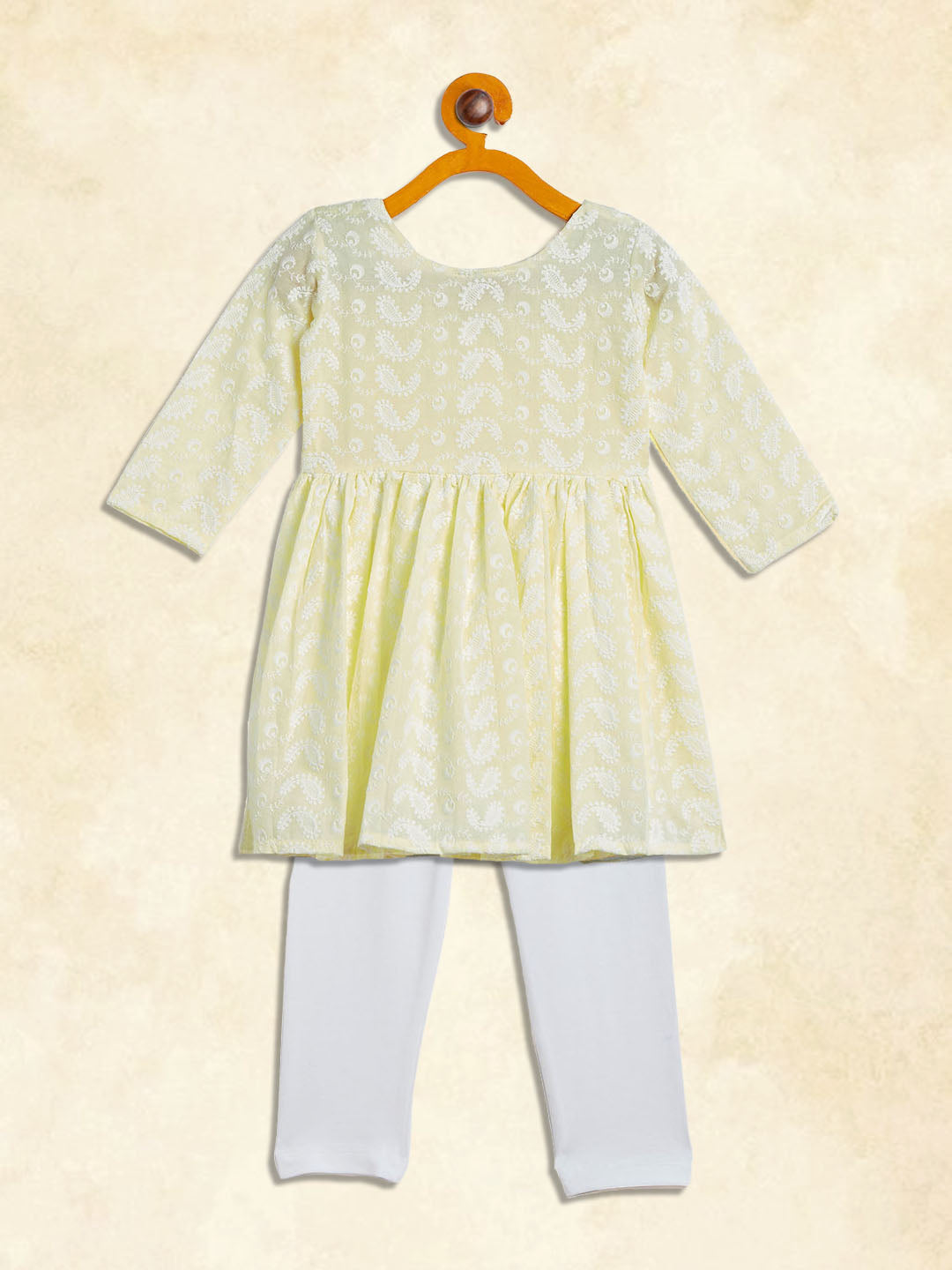 Vastramay girls yellow and white chikankari kurta pyjama set