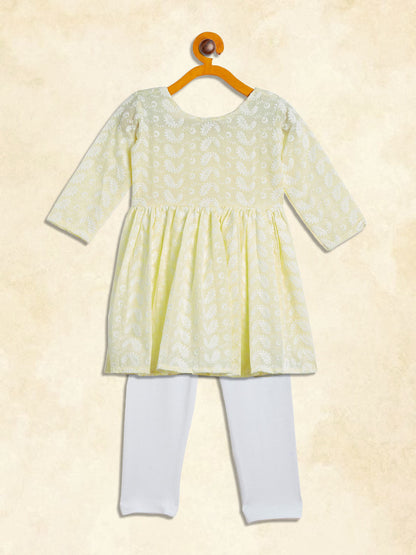 Vastramay girls yellow and white chikankari kurta pyjama set