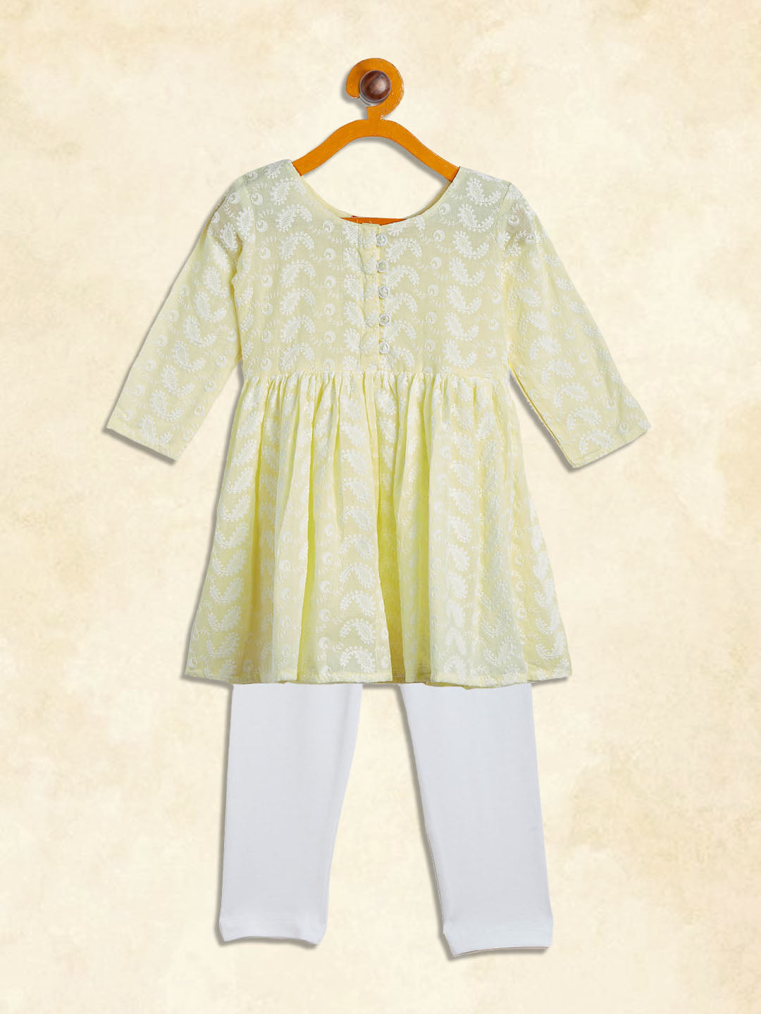 Vastramay girls yellow and white chikankari kurta pyjama set