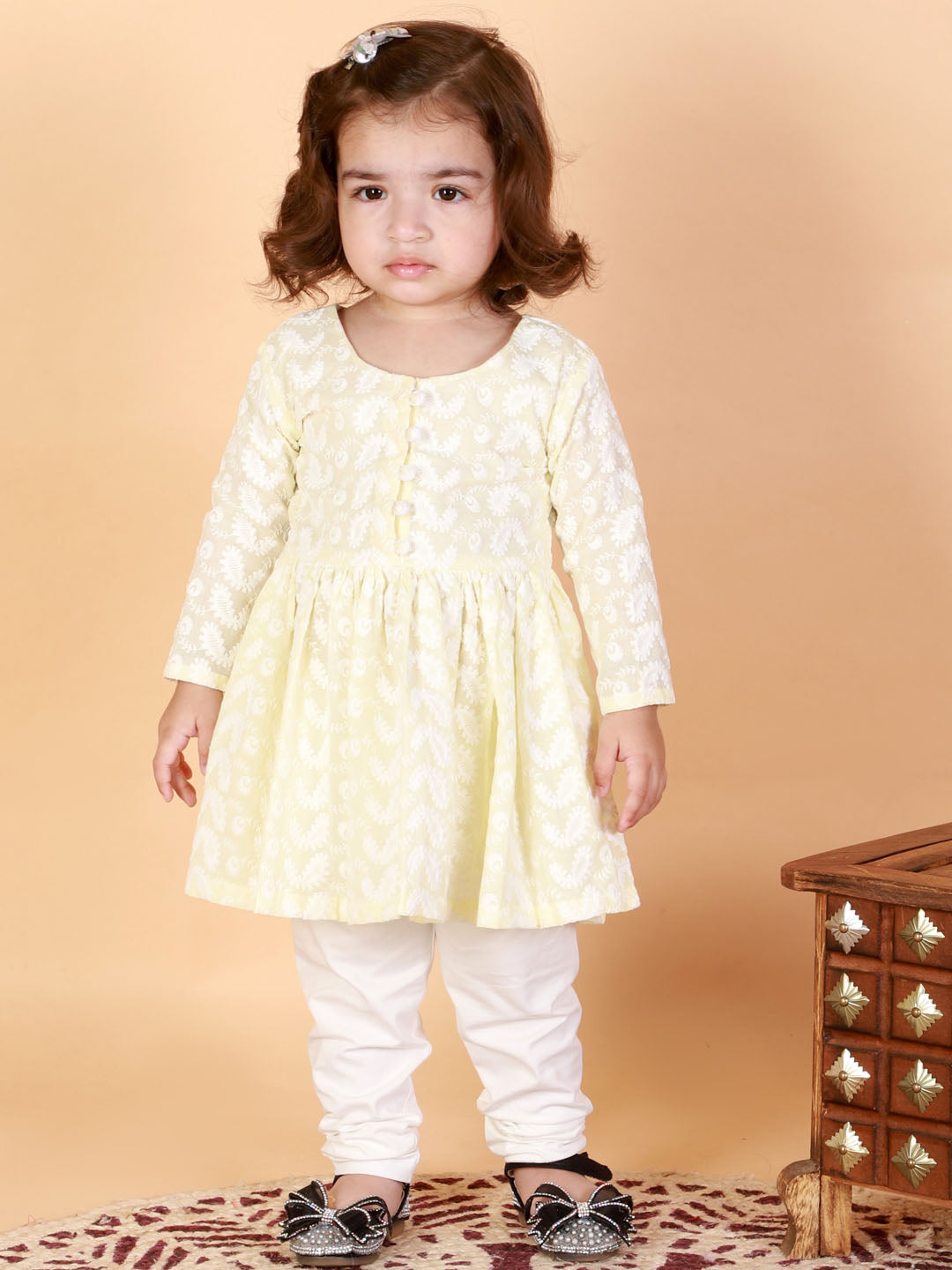 Vastramay girls yellow and white chikankari kurta pyjama set