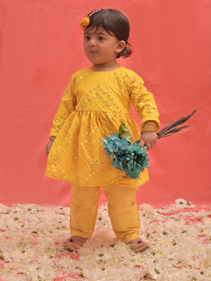 VASTRAMAY SISHU Girl's Yellow Mirror Kurta Pyjama Set