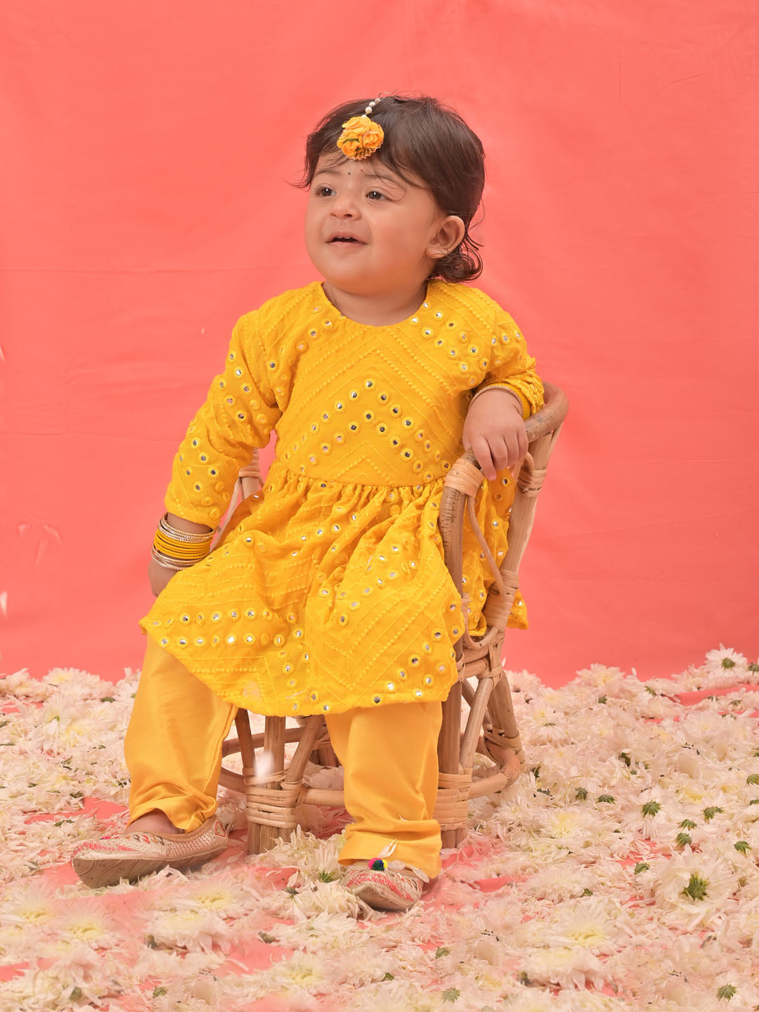 VASTRAMAY SISHU Girl's Yellow Mirror Kurta Pyjama Set