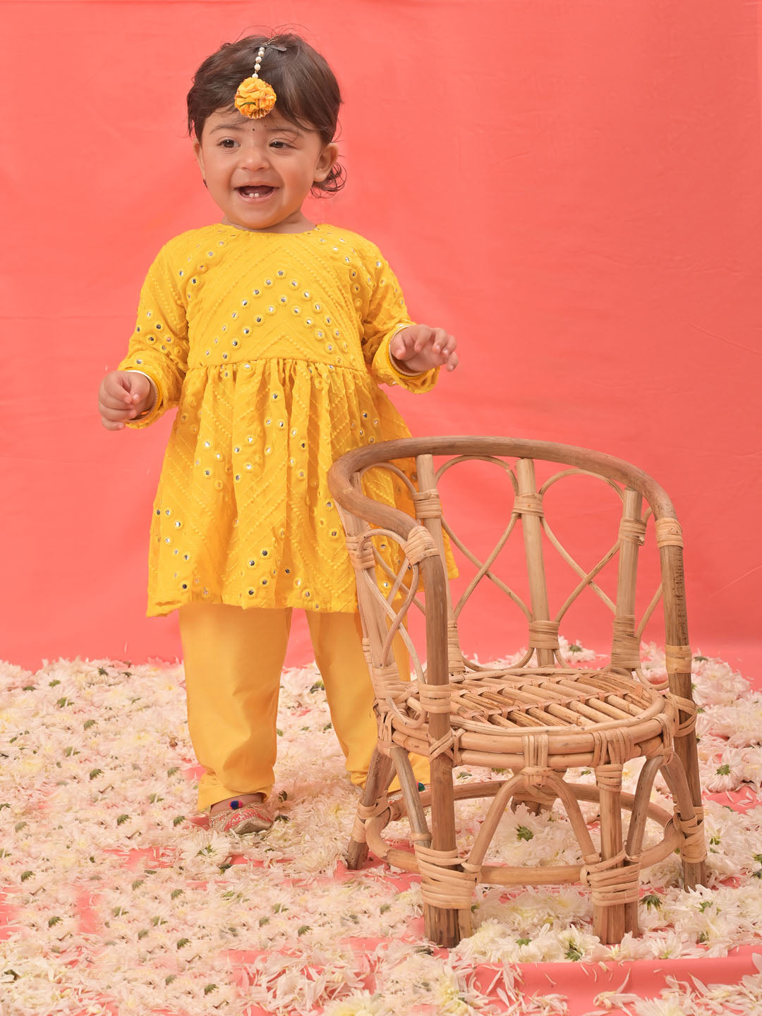 VASTRAMAY SISHU Girl's Yellow Mirror Kurta Pyjama Set