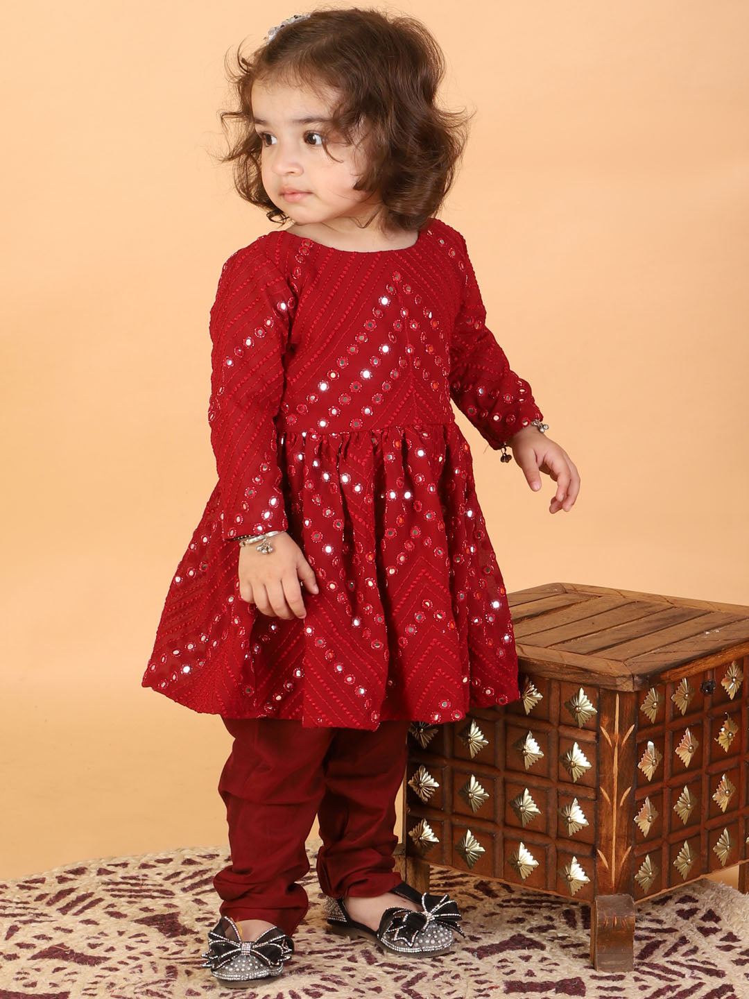 girls maroon mirror work kurta and churidar set