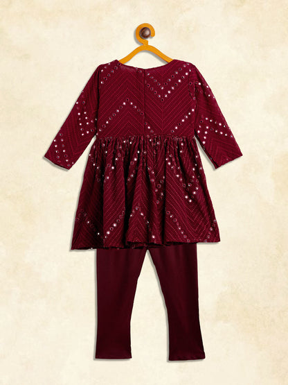 girls maroon mirror work kurta and churidar set